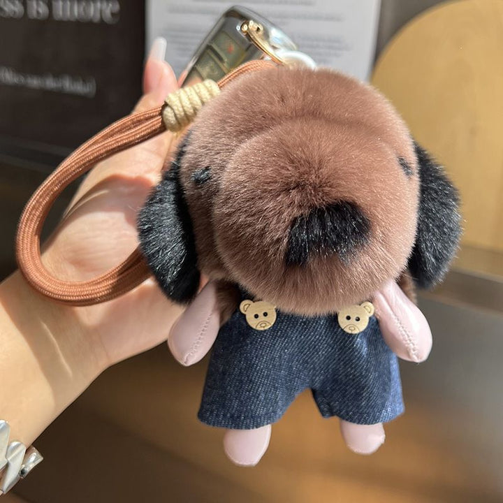 Cute Plush Puppy Fur Bag Charm Soft Real Rabbit Fur Furry Dog Keychain