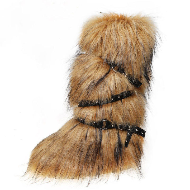 Womens Faux Fur Boot Winter Fluffy Long Furry Boots for Girls Outdoor Fuzzy Knee-High Sexy Snow Boots with Cross Straps and Buckle