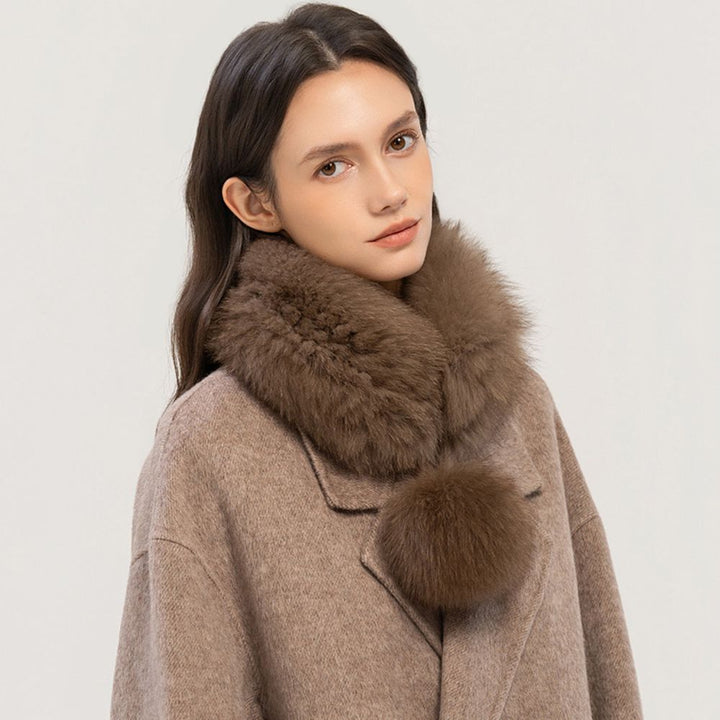 Women’s Real Fox Fur Scarf with Pom-Pom Genuine Fur Collar Neck Warmer