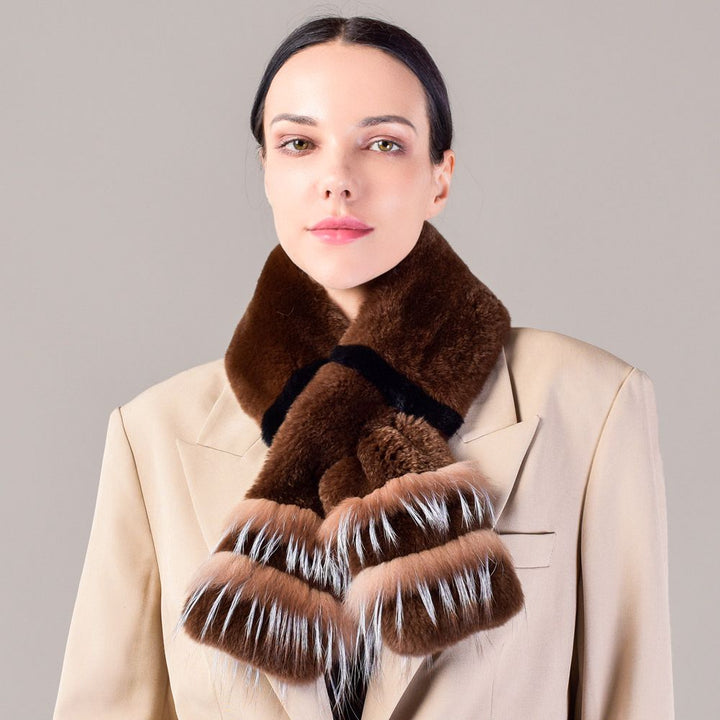 Soft Rabbit Fur Scarf with Fox Fur Trim Fashionable Two-Tone Women Winter Scarf