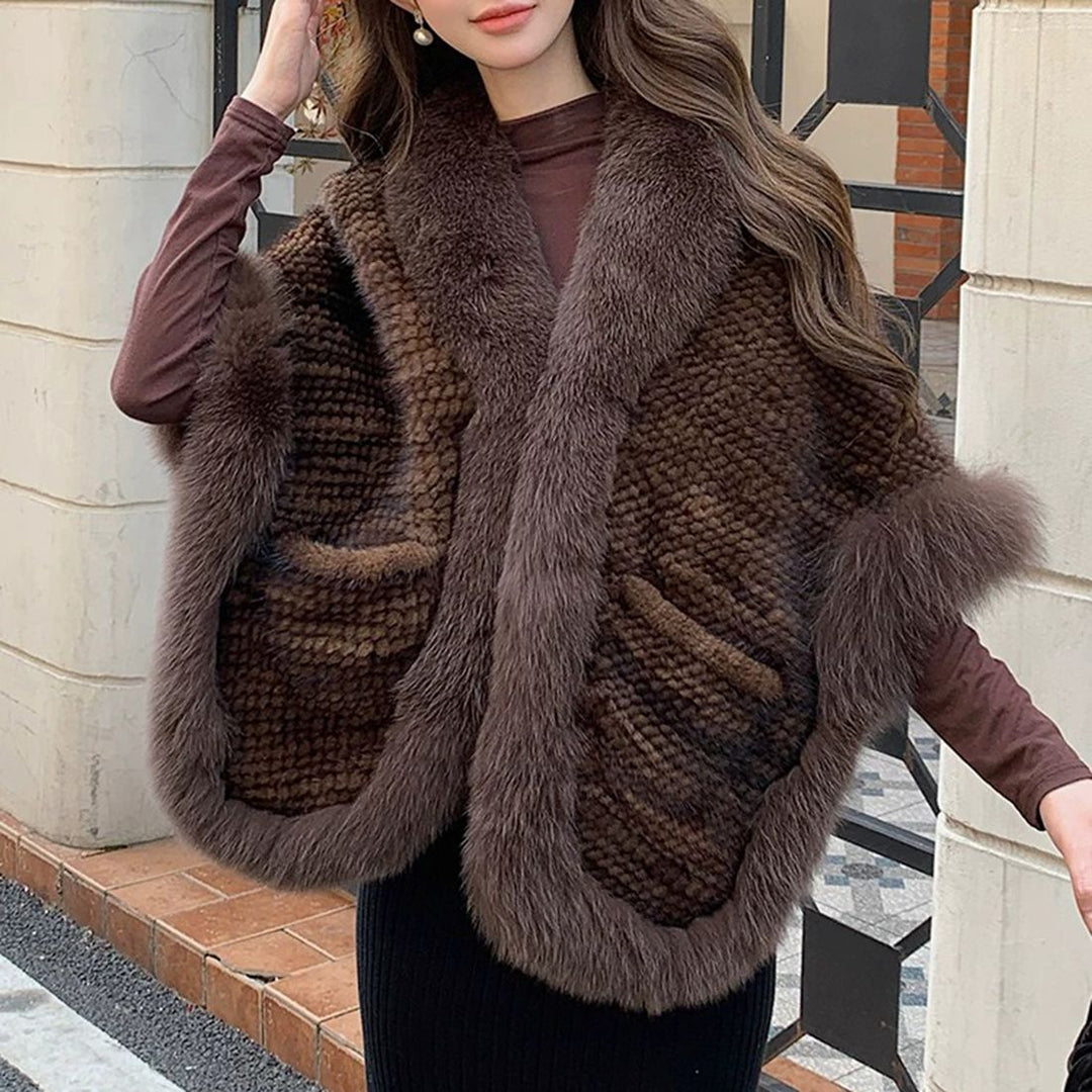 Women's Real Mink Fur Knitted Shawl Wrap with Pockets Fluffy Fox Fur Trimmed Cape