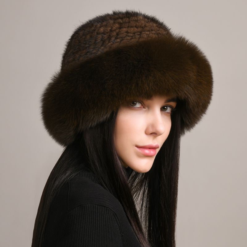 Luxury Mink Fur Hat for Women Full Fox Fur Brim Winter Bucket Hat