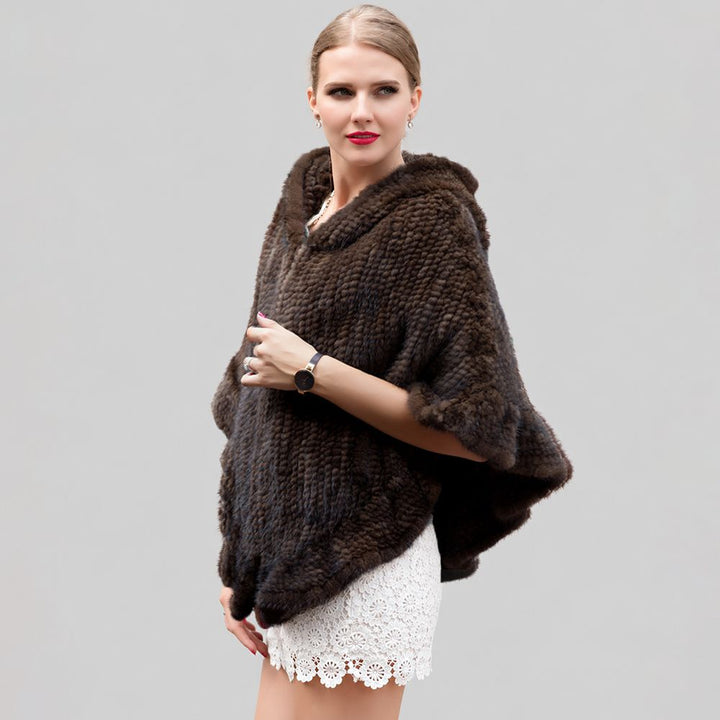 Genuine Mink Fur Zip Front Poncho with Hood Oversized Fur Cape Shawl Wrap