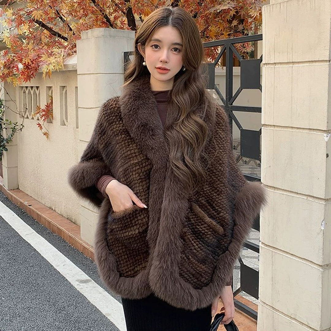 Women's Real Mink Fur Knitted Shawl Wrap with Pockets Fluffy Fox Fur Trimmed Cape