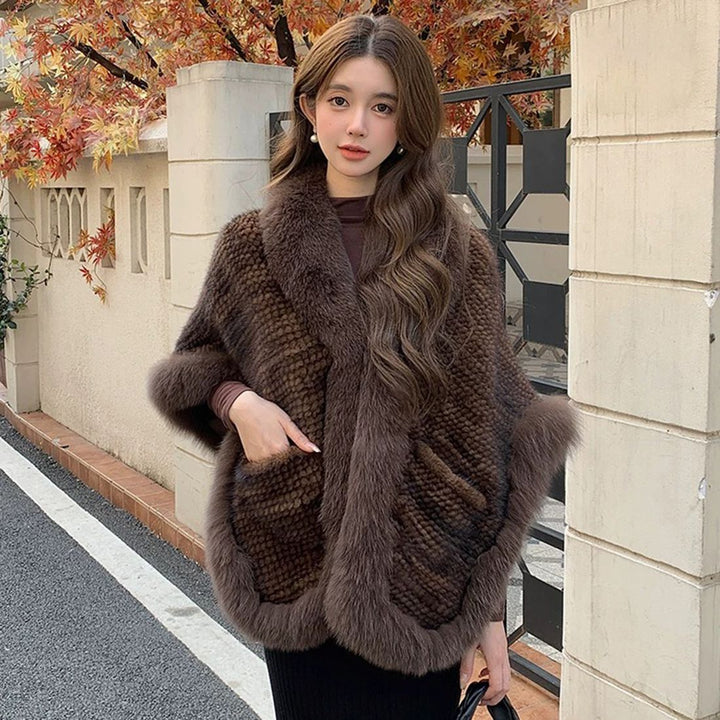 Women's Real Mink Fur Knitted Shawl Wrap with Pockets Fluffy Fox Fur Trimmed Cape