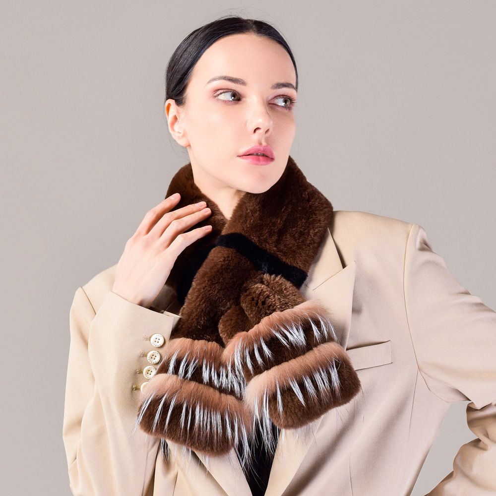 Soft Rabbit Fur Scarf with Fox Fur Trim Fashionable Two-Tone Women Winter Scarf