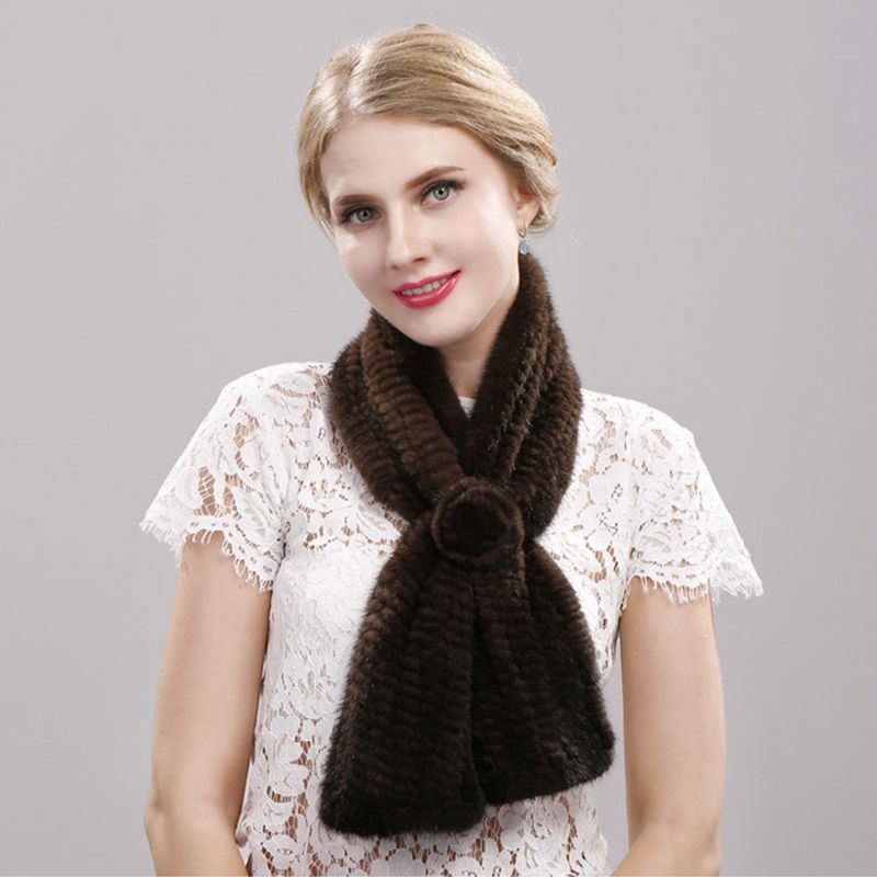 Luxury Real Mink Fur Scarf for Women Elegant Mink Fur Knitted Bow Flower Cross Neck Scarf