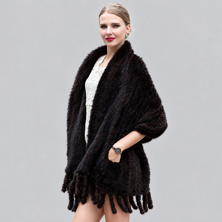 Women’s Real Mink Fur Cape Shawl with Fringe Genuine Mink Fur Wrap with Pockets