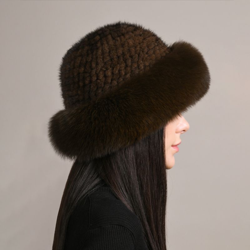 Luxury Mink Fur Hat for Women Full Fox Fur Brim Winter Bucket Hat