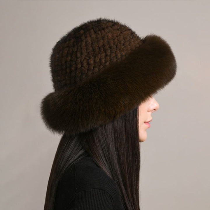 Luxury Mink Fur Hat for Women Full Fox Fur Brim Winter Bucket Hat