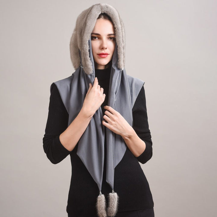 Luxury Real Mink Fur Hooded Hat with Scarf Elegant Winter Fur Hood for Women