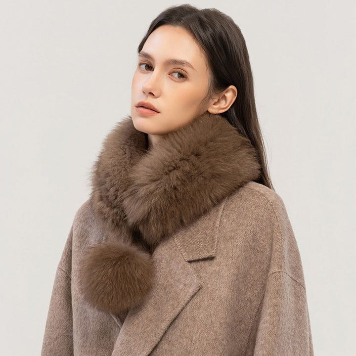 Women’s Real Fox Fur Scarf with Pom-Pom Genuine Fur Collar Neck Warmer