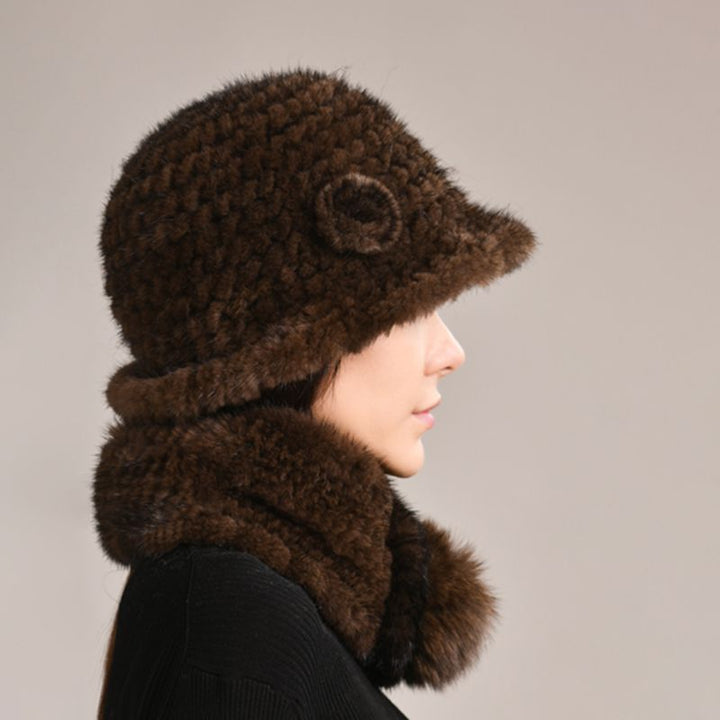 Luxury Mink Fur Hat and Scarf Set for Women Elegant Winter Bucket Hat with Matching Fur Neck Pom-Pom Warmer