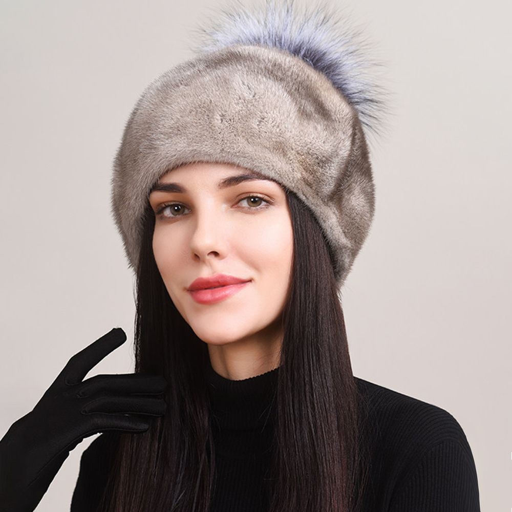 Luxury Real Mink Fur Beanie Hat with Fox Fur Pom-Pom Women's Elegant Warm Winter Hat