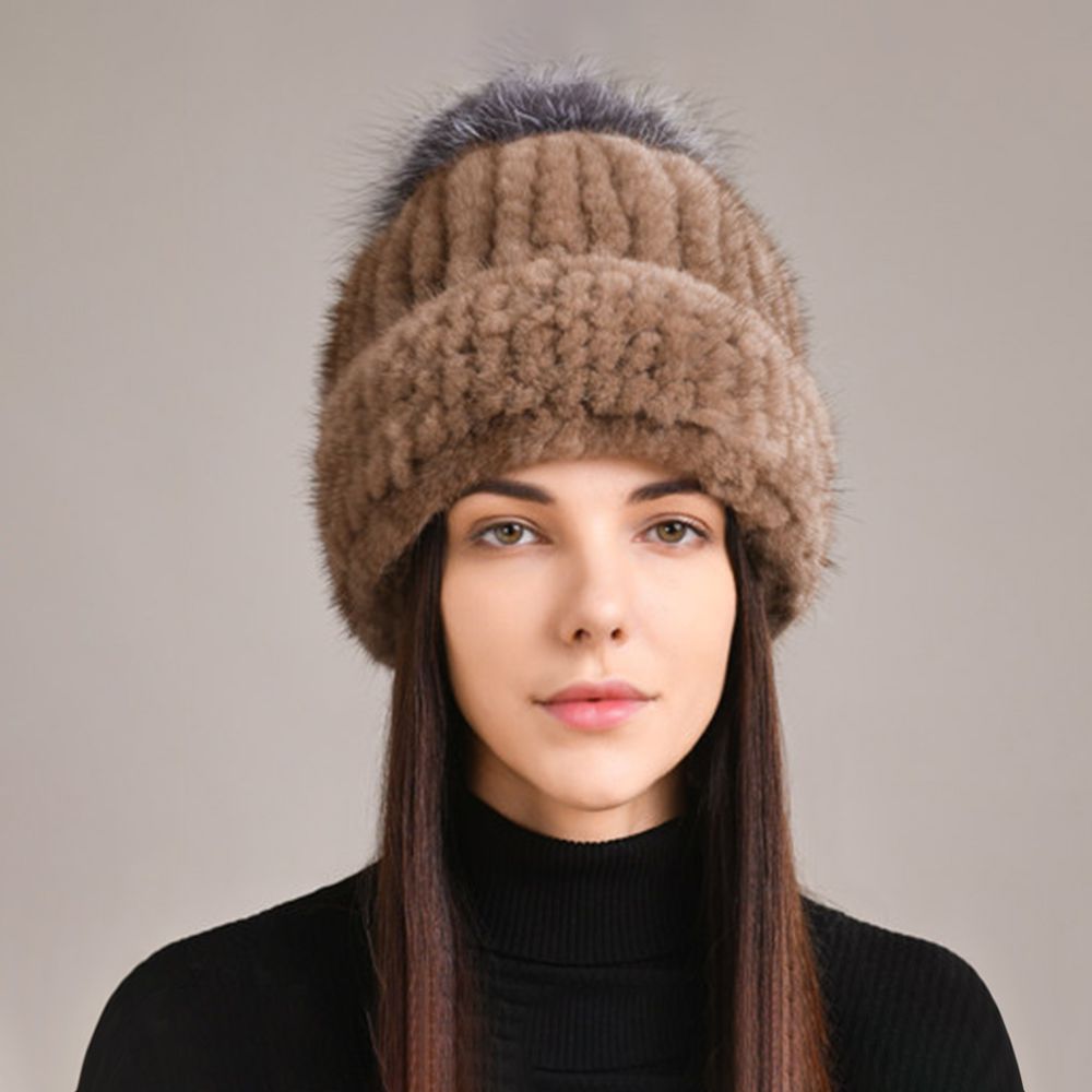 Luxury Real Mink Fur Beanie Hat with Fox Fur Pom-Pom Elegant Winter Knitted Hat for Women