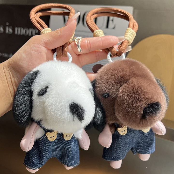 Cute Plush Puppy Fur Bag Charm Soft Real Rabbit Fur Furry Dog Keychain