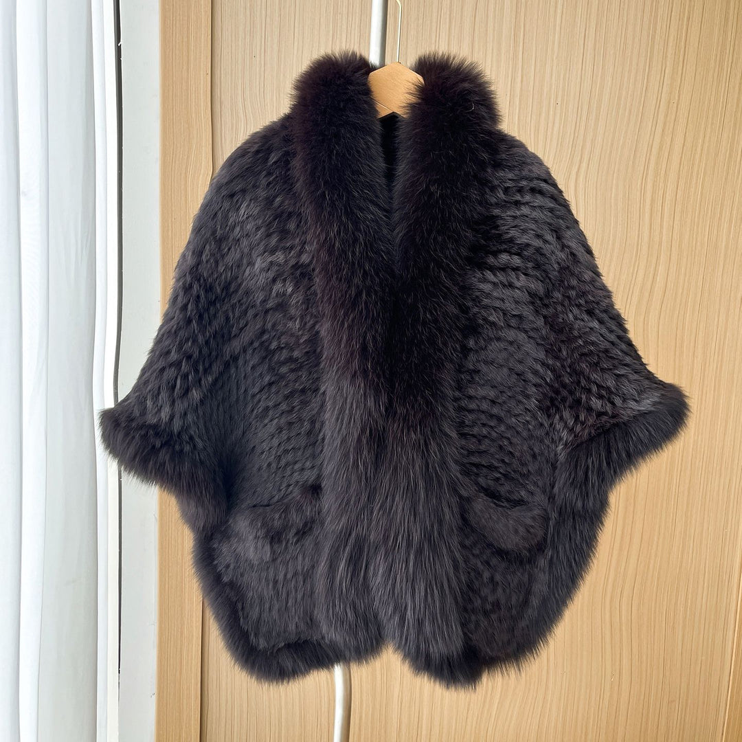 Winter Wedding Real Fox Fur Trimmed Rabbit Fur Knitted Shawl Wrap Cape