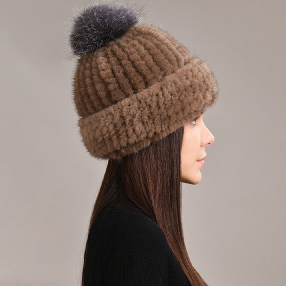 Luxury Real Mink Fur Beanie Hat with Fox Fur Pom-Pom Elegant Winter Knitted Hat for Women