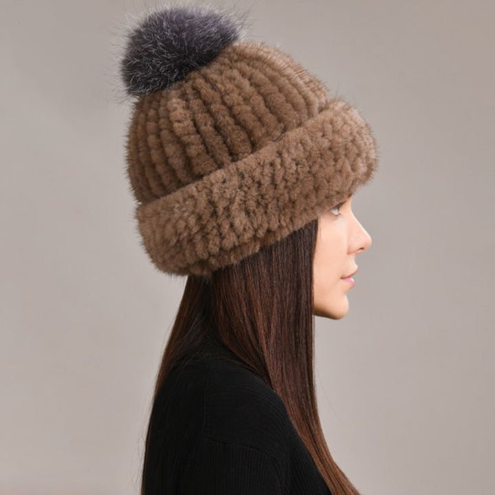 Luxury Real Mink Fur Beanie Hat with Fox Fur Pom-Pom Elegant Winter Knitted Hat for Women