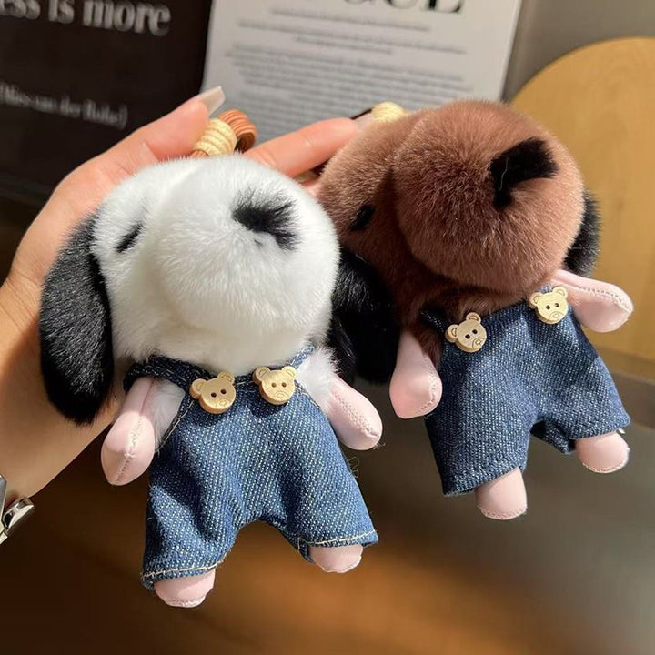 Cute Plush Puppy Fur Bag Charm Soft Real Rabbit Fur Furry Dog Keychain