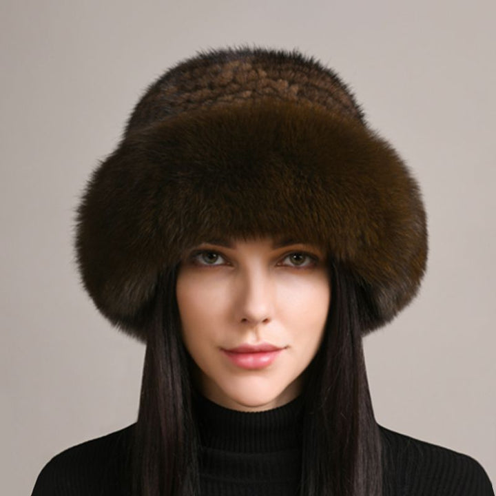 Luxury Mink Fur Hat for Women Full Fox Fur Brim Winter Bucket Hat