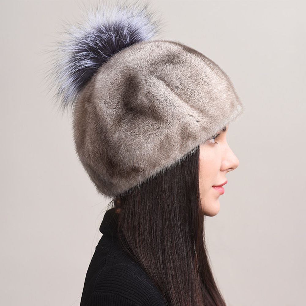 Luxury Real Mink Fur Beanie Hat with Fox Fur Pom-Pom Women's Elegant Warm Winter Hat
