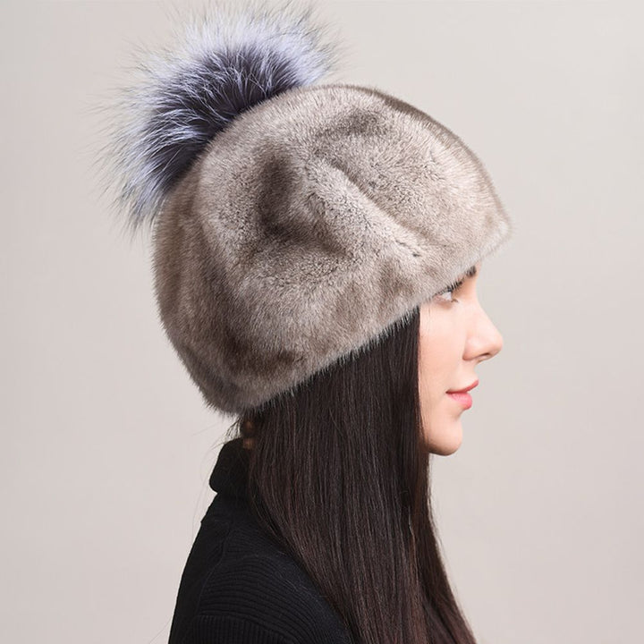 Luxury Real Mink Fur Beanie Hat with Fox Fur Pom-Pom Women's Elegant Warm Winter Hat