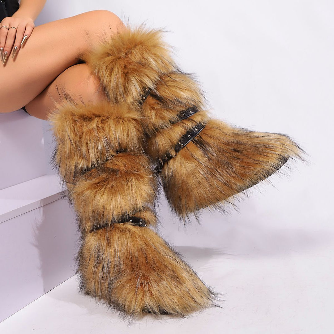 Womens Faux Fur Boot Winter Fluffy Long Furry Boots for Girls Outdoor Fuzzy Knee-High Sexy Snow Boots with Cross Straps and Buckle