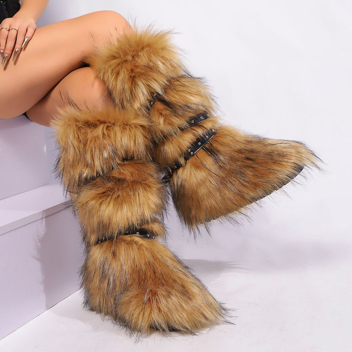 Womens Faux Fur Boot Winter Fluffy Long Furry Boots for Girls Outdoor Fuzzy Knee-High Sexy Snow Boots with Cross Straps and Buckle