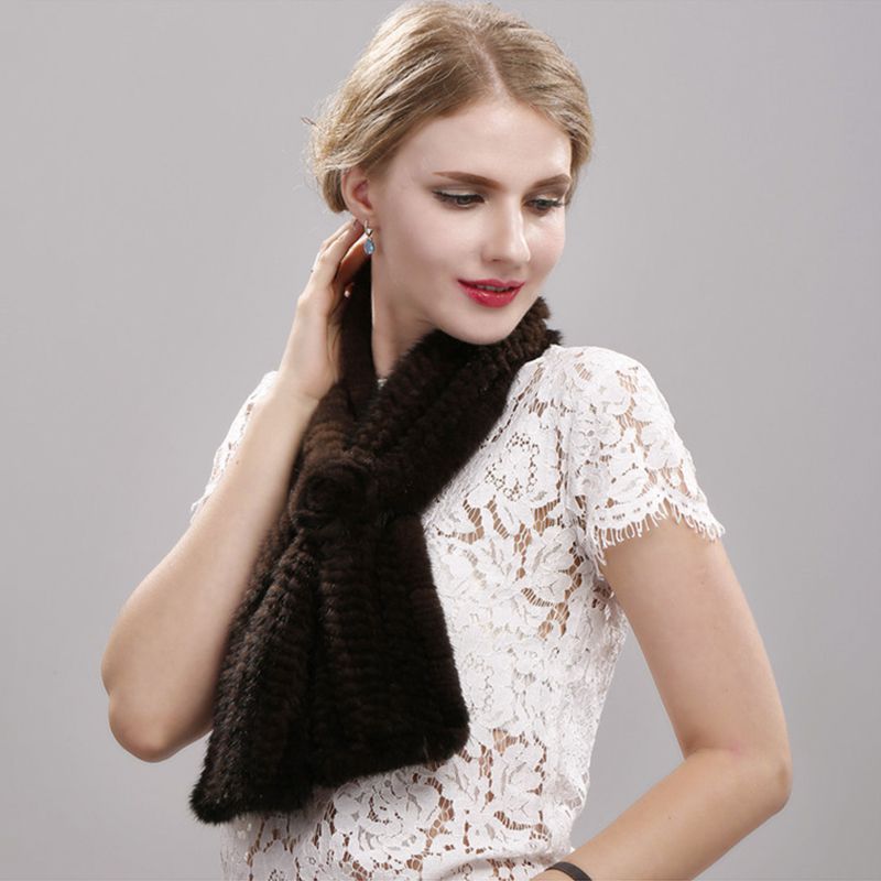 Luxury Real Mink Fur Scarf for Women Elegant Mink Fur Knitted Bow Flower Cross Neck Scarf
