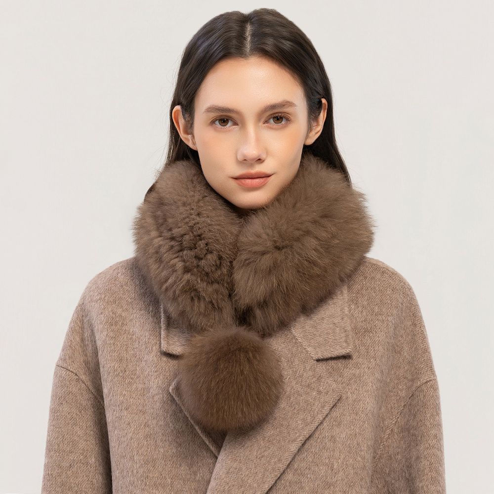 Women’s Real Fox Fur Scarf with Pom-Pom Genuine Fur Collar Neck Warmer