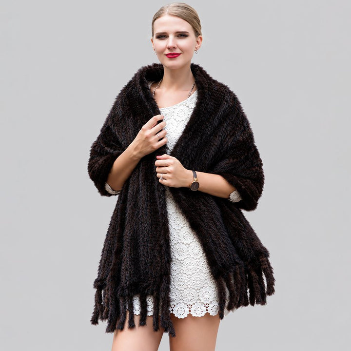 Women’s Real Mink Fur Cape Shawl with Fringe Genuine Mink Fur Wrap with Pockets