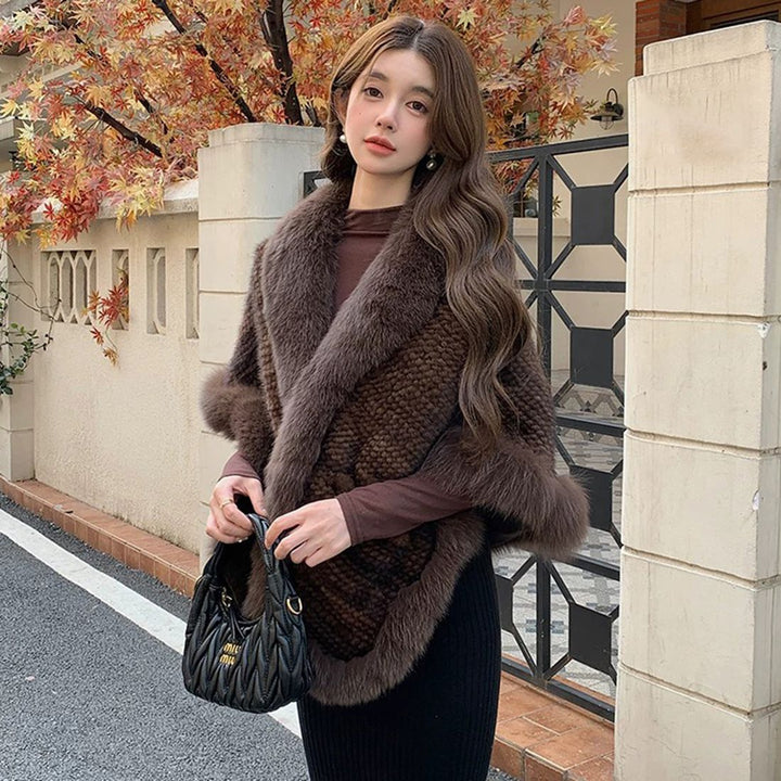 Women's Real Mink Fur Knitted Shawl Wrap with Pockets Fluffy Fox Fur Trimmed Cape