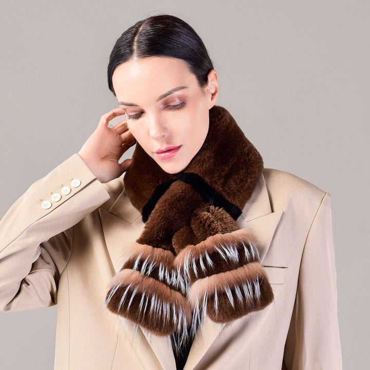 Soft Rabbit Fur Scarf with Fox Fur Trim Fashionable Two-Tone Women Winter Scarf