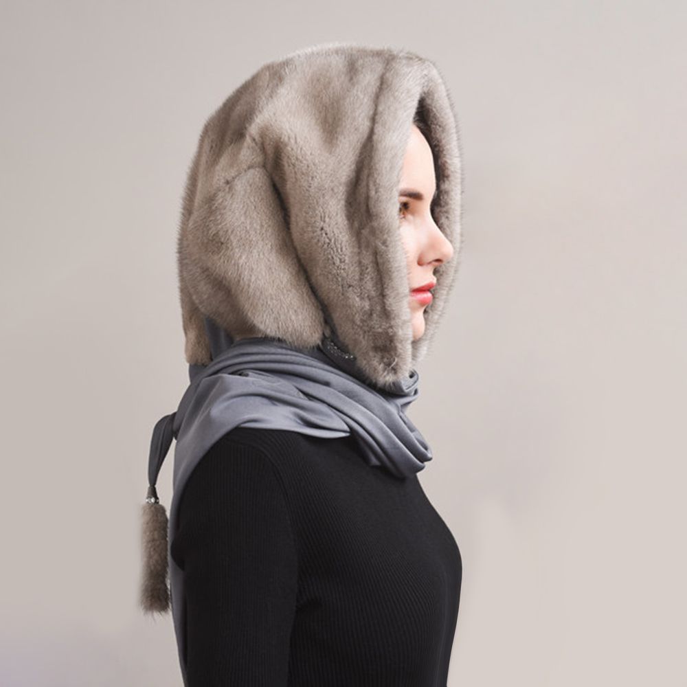 Luxury Real Mink Fur Hooded Hat with Scarf Elegant Winter Fur Hood for Women