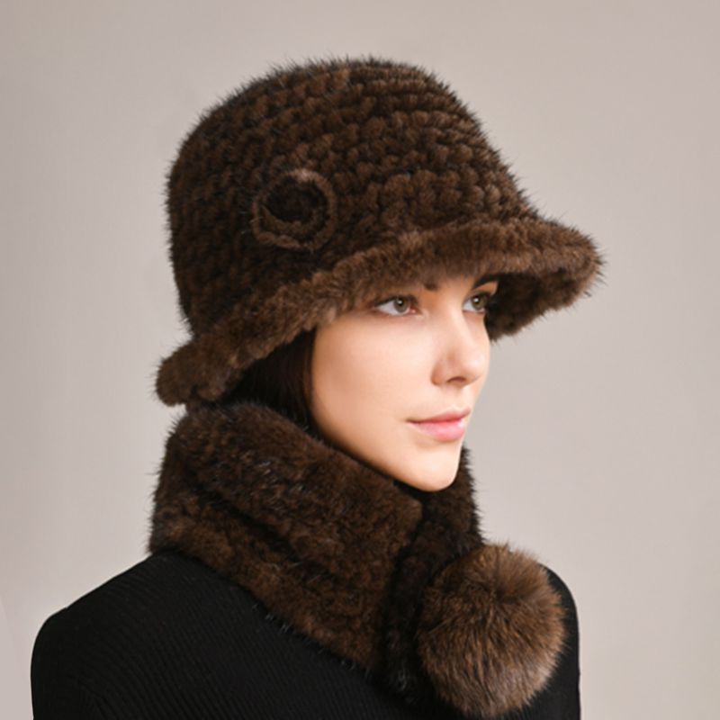 Luxury Mink Fur Hat and Scarf Set for Women Elegant Winter Bucket Hat with Matching Fur Neck Pom-Pom Warmer