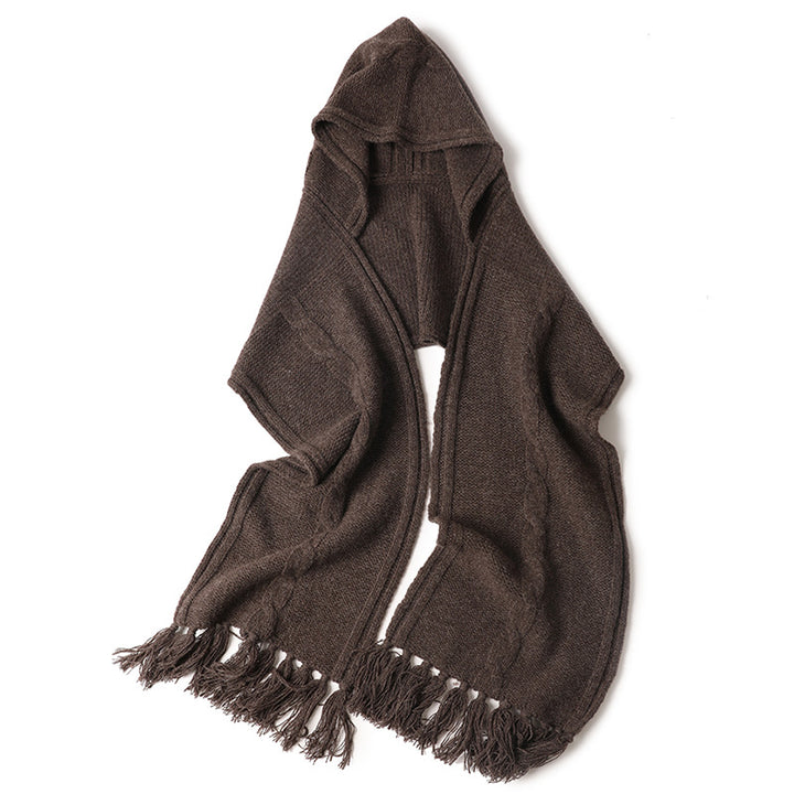 Cashmere Hooded Cable Knit Long Scarf with Fringe