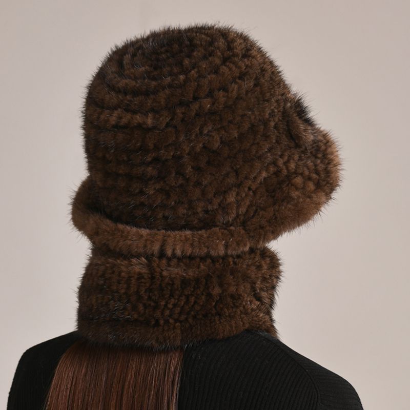 Luxury Mink Fur Hat and Scarf Set for Women Elegant Winter Bucket Hat with Matching Fur Neck Pom-Pom Warmer