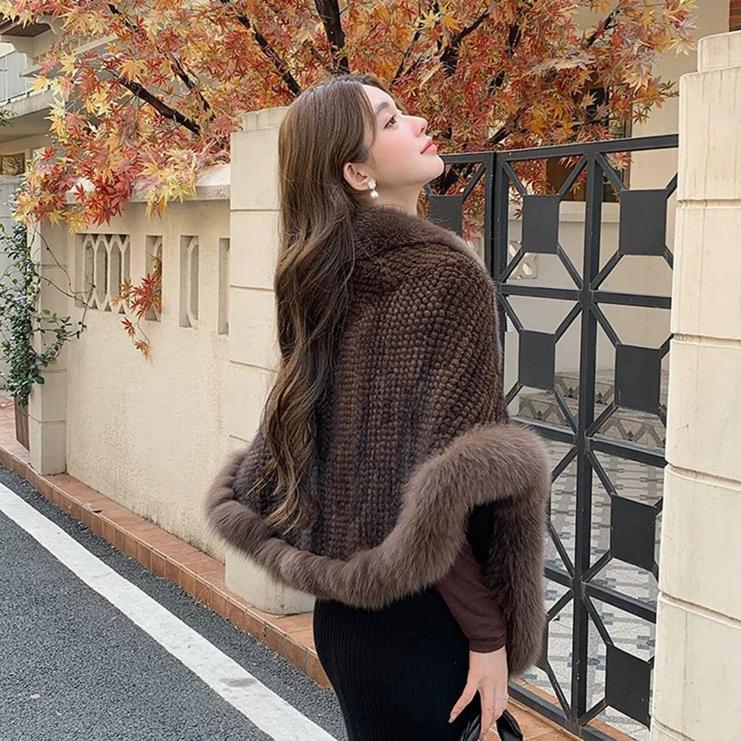 Women's Real Mink Fur Knitted Shawl Wrap with Pockets Fluffy Fox Fur Trimmed Cape