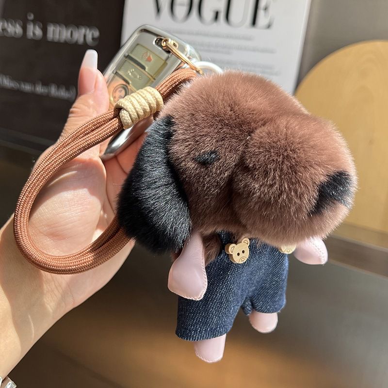 Cute Plush Puppy Fur Bag Charm Soft Real Rabbit Fur Furry Dog Keychain