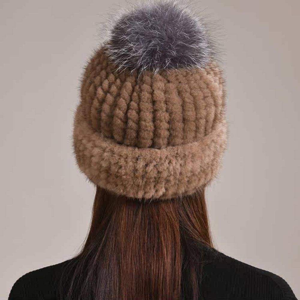 Luxury Real Mink Fur Beanie Hat with Fox Fur Pom-Pom Elegant Winter Knitted Hat for Women