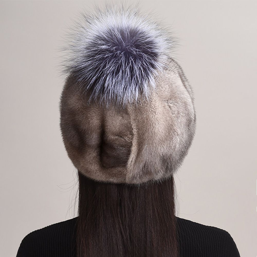 Luxury Real Mink Fur Beanie Hat with Fox Fur Pom-Pom Women's Elegant Warm Winter Hat