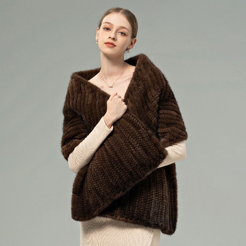 Women’s Real Mink Fur Shawl Genuine Knitted Mink Fur Wrap Stole Shoulder Cape