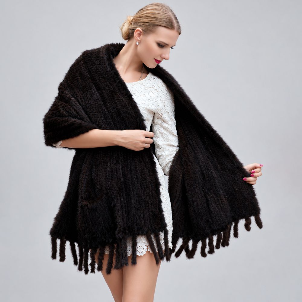 Women’s Real Mink Fur Cape Shawl with Fringe Genuine Mink Fur Wrap with Pockets