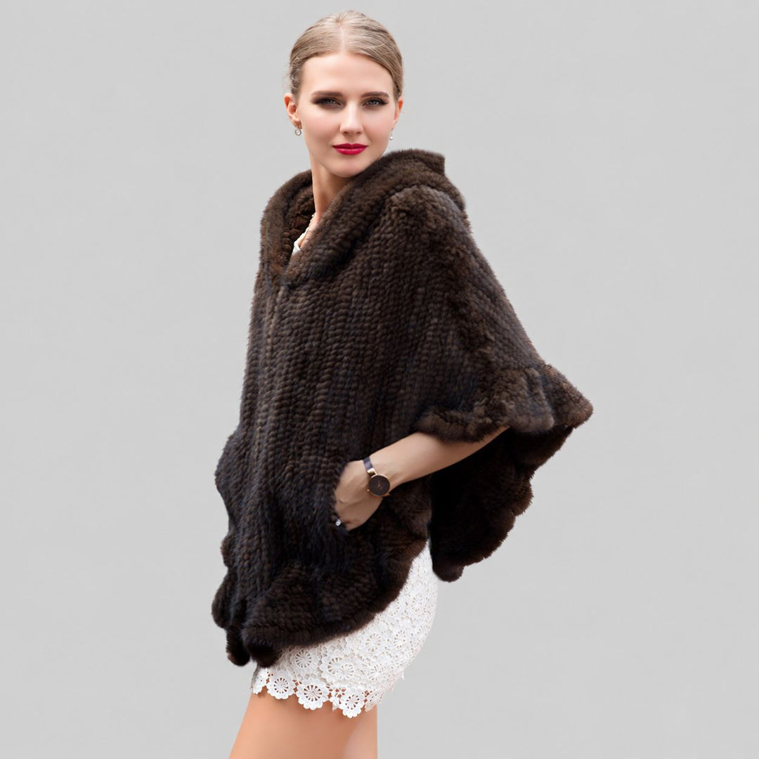 Genuine Mink Fur Zip Front Poncho with Hood Oversized Fur Cape Shawl Wrap