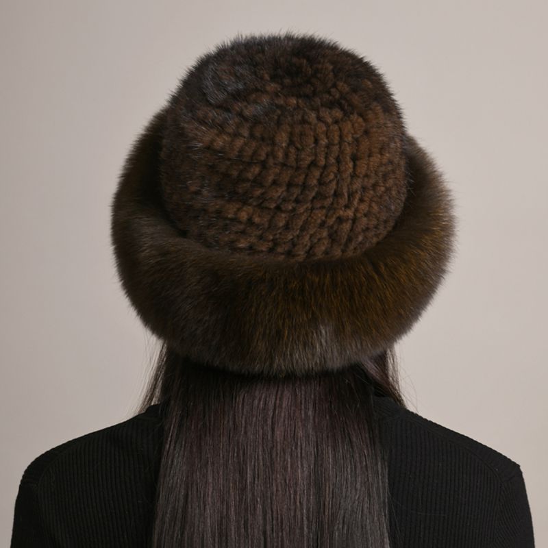 Luxury Mink Fur Hat for Women Full Fox Fur Brim Winter Bucket Hat