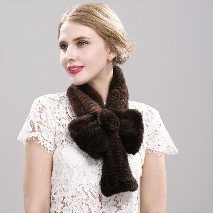 Luxury Real Mink Fur Scarf for Women Elegant Mink Fur Knitted Bow Flower Cross Neck Scarf