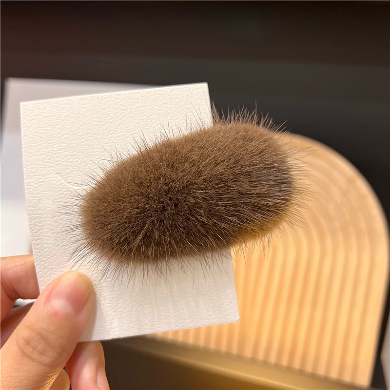 Mink Fur Hair Clip Soft Fluffy Oval Snap Hair Barrette