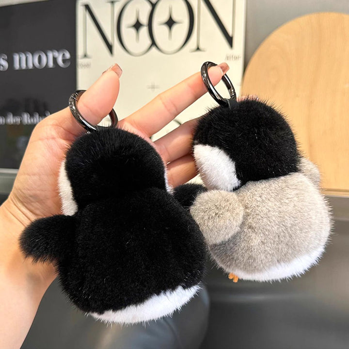 Luxury Real Mink Fur Penguin Keychain Premium Fluffy Animal Bag Charm Car Key Ring Accessory