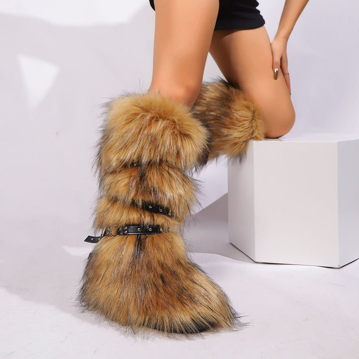 Womens Faux Fur Boot Winter Fluffy Long Furry Boots for Girls Outdoor Fuzzy Knee-High Sexy Snow Boots with Cross Straps and Buckle